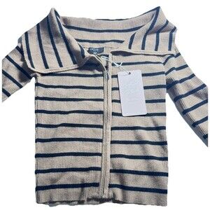 Love Tree Ribbed Striped Zip Up Cardigan‎ Women Large Tan Black NWT Wide Collar